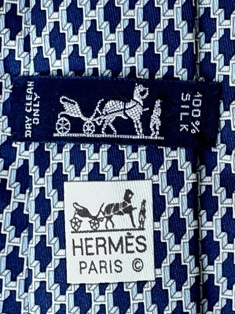 Hermès Silk Tie Blue Silver Geometric w/ Box Made in France